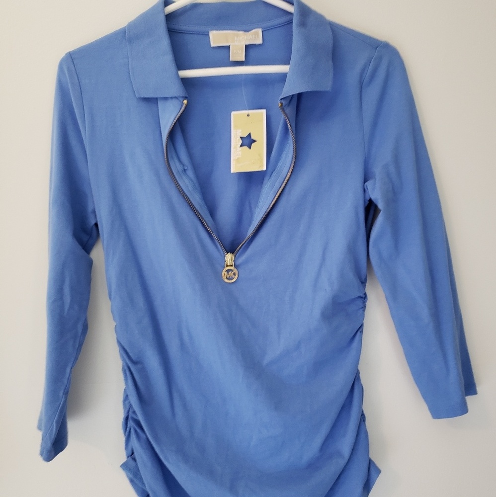 NWT MICHEAL KORS Blue Zipper Cotton Collared Shirt